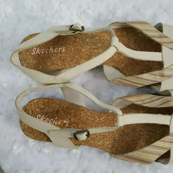 Skechers Womens 10 Sandals T-Strap Beige Striped Strappy Cork Footbed Comfort - Picture 8 of 10
